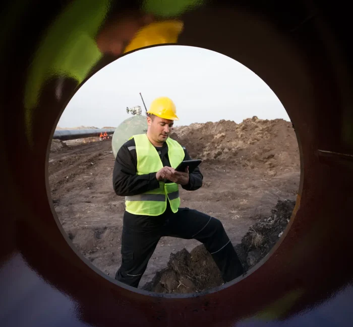 Shot of an oilfield worker checking quality of gas pipes at construction site.